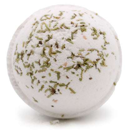 A large 180g round white bath bomb made with Himalayan sea salt and topped with delicate dried white flower petals.