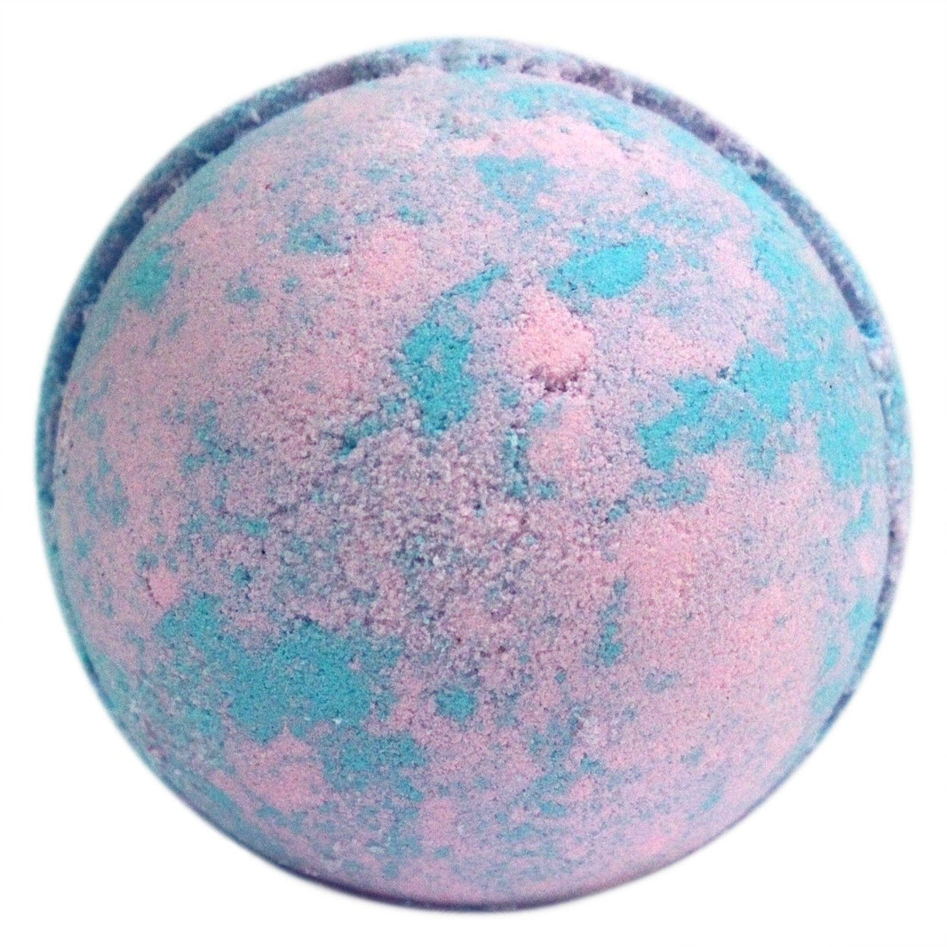 A large spherical bath bomb featuring a marbled swirl of soft blue and pink colors with a classic powdery fragrance.