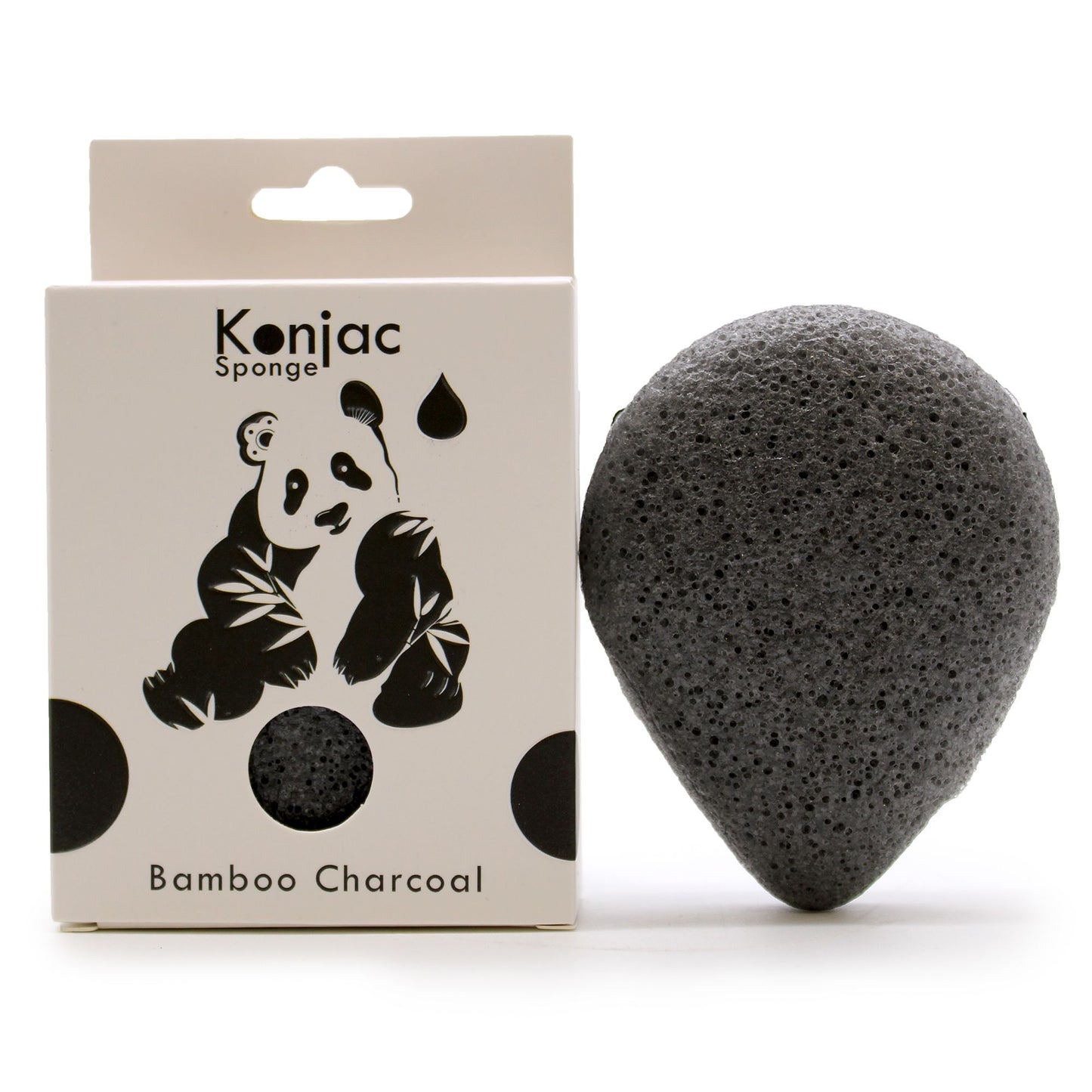 A black, teardrop-shaped natural Konjac facial sponge infused with bamboo charcoal for oily skin detox and deep pore cleansing.