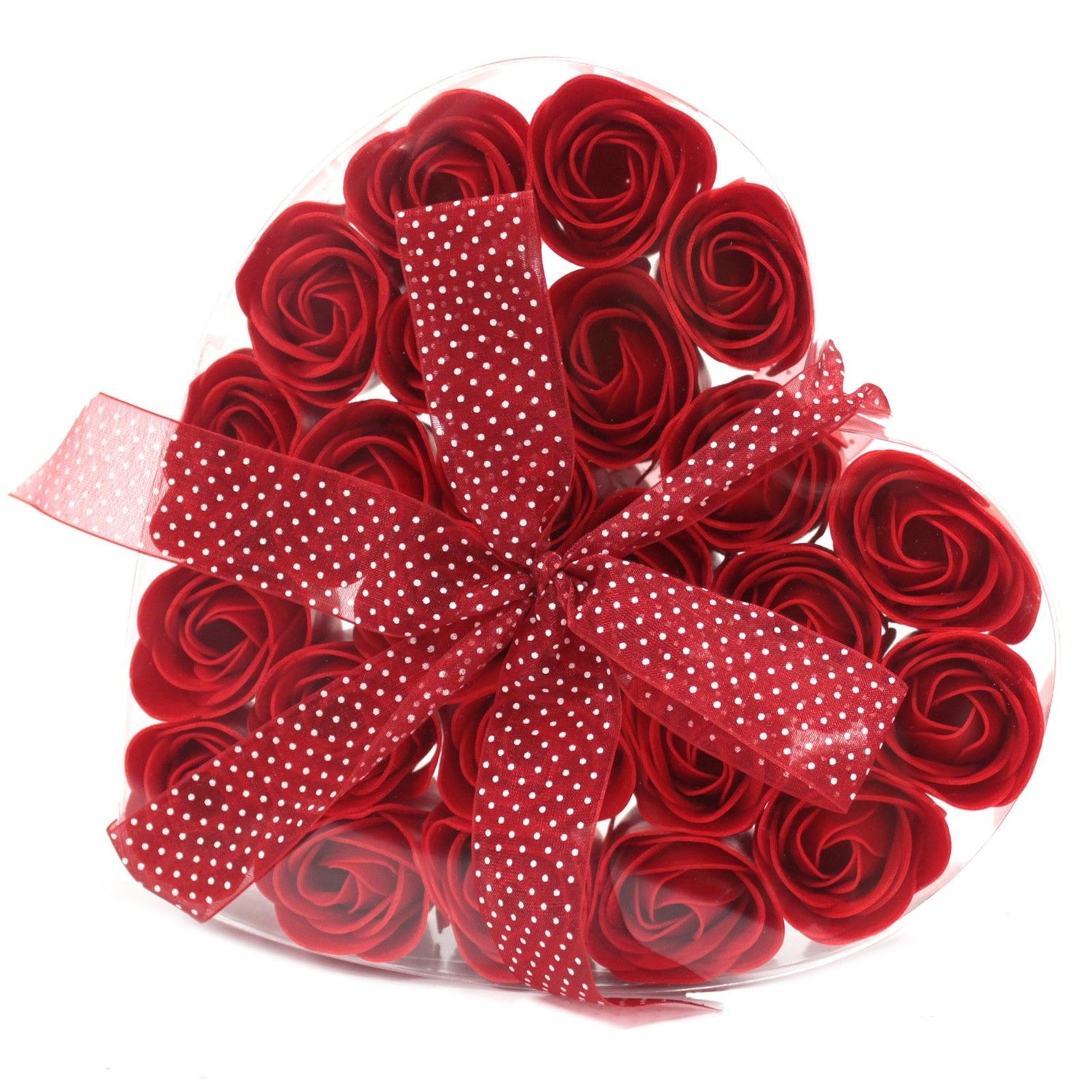 A large heart-shaped gift box overflowing with twenty-four realistic red soap rose flowers for a luxury bath experience.