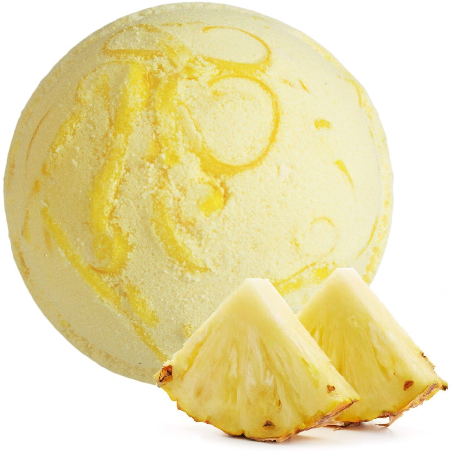Jumbo 180g yellow and white marbled bath bomb featuring a tropical pineapple scent and moisturizing coconut oil.