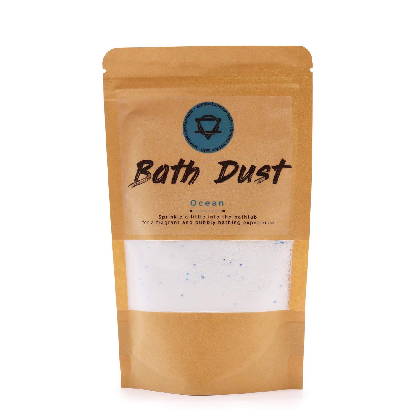 A 190g eco-friendly pouch containing blue and white fizzy bath dust with a fresh ocean fragrance.