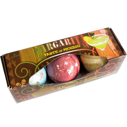 A set of three 120g cocktail-inspired bath bombs in a gift box, featuring zesty green lime designs and moisturizing ingredients.