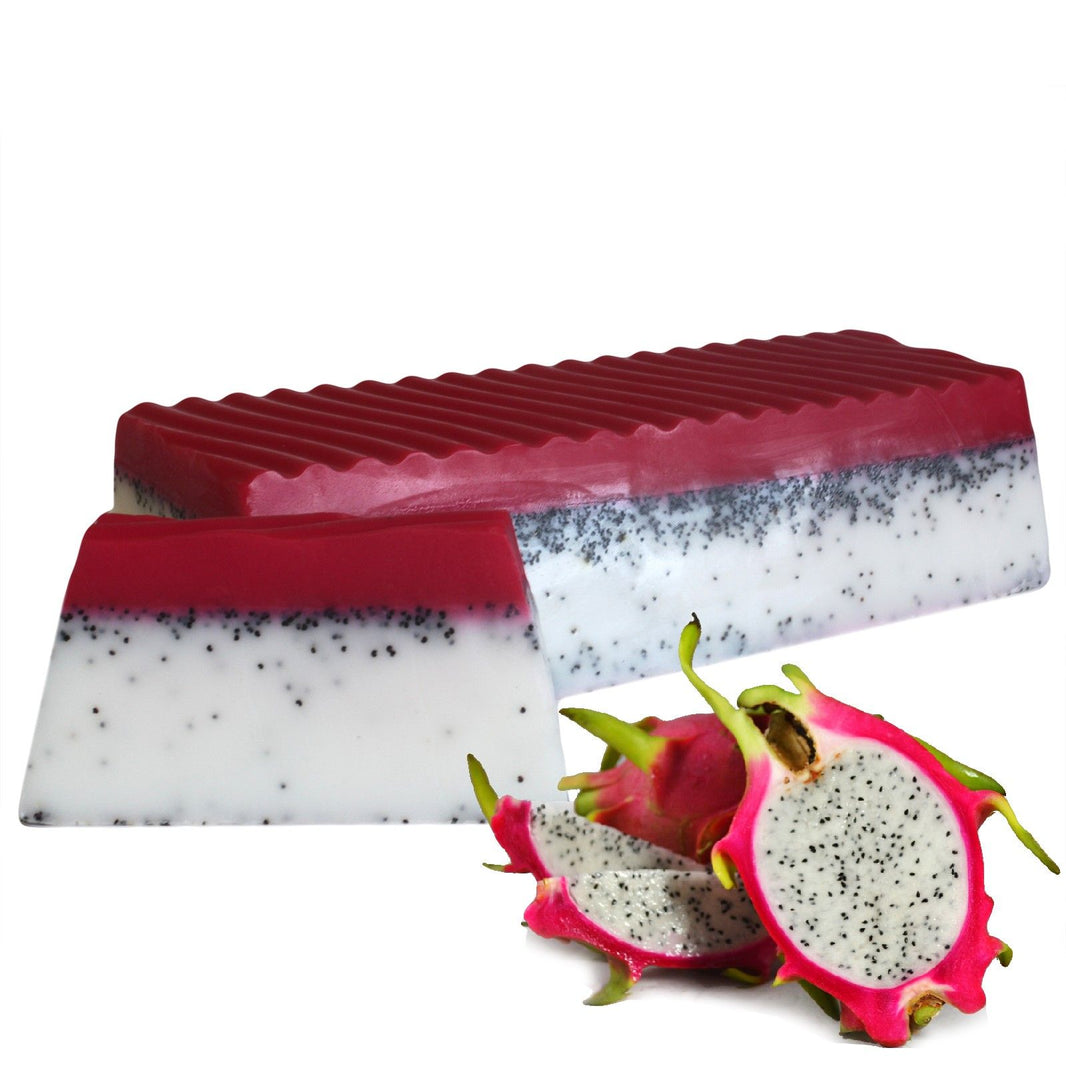 A bulk 1.1kg artisan soap loaf featuring pink and white speckled layers to mimic the look of a tropical dragon fruit.