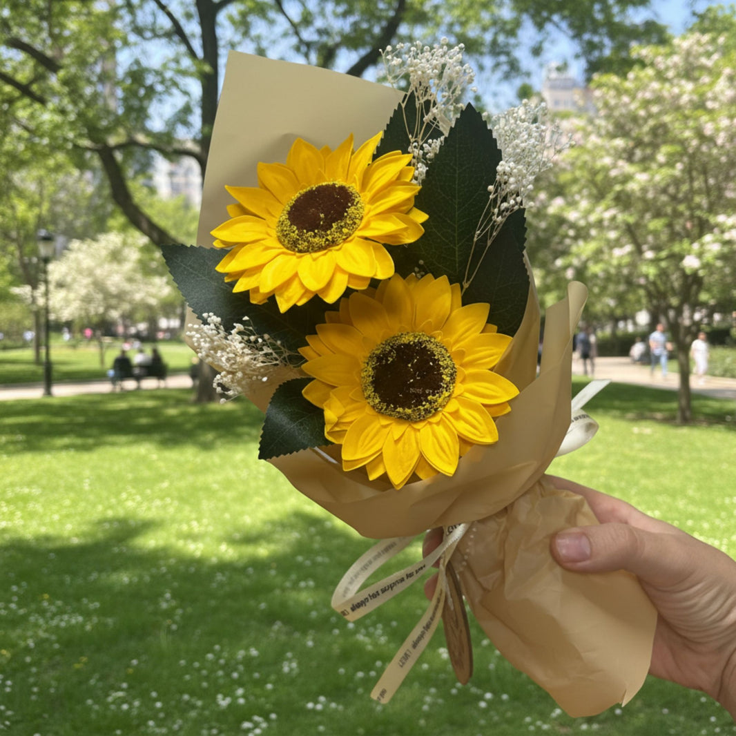 A floral bouquet featuring two large, realistic yellow soap sunflowers with greenery in a decorative wrap.