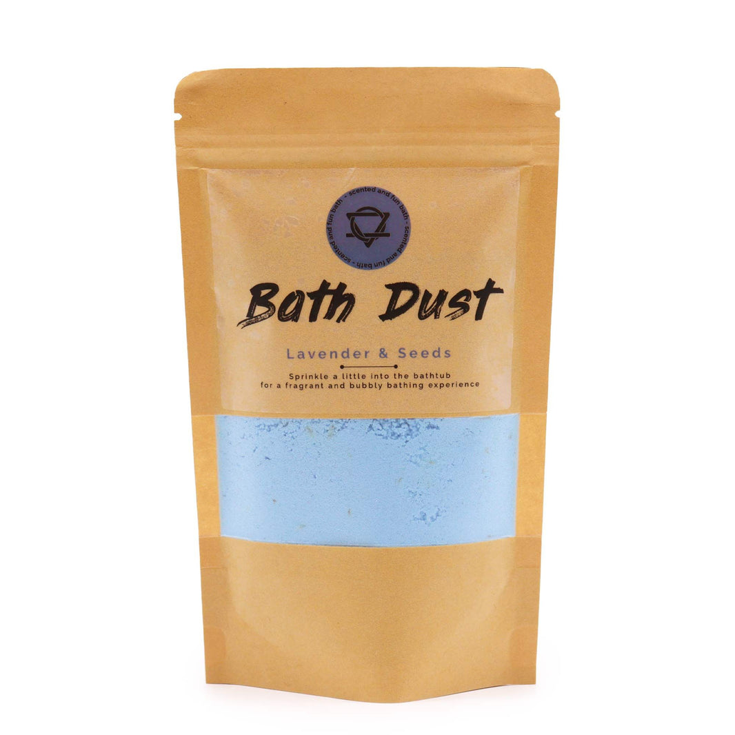 A 190g eco-friendly pouch filled with blue-grey fizzy bath dust and real botanical lavender seeds.