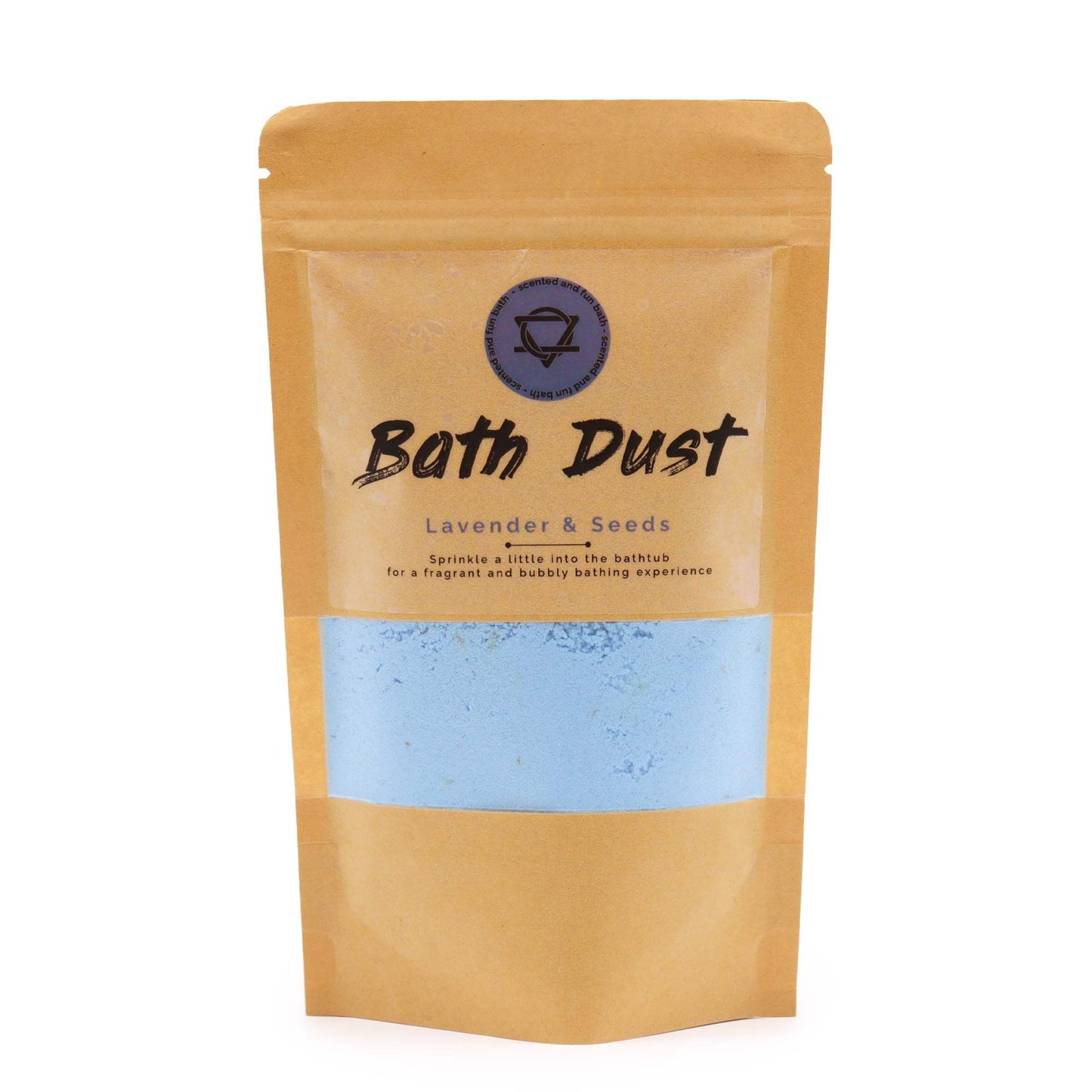 A 190g eco-friendly pouch filled with blue-grey fizzy bath dust and real botanical lavender seeds.