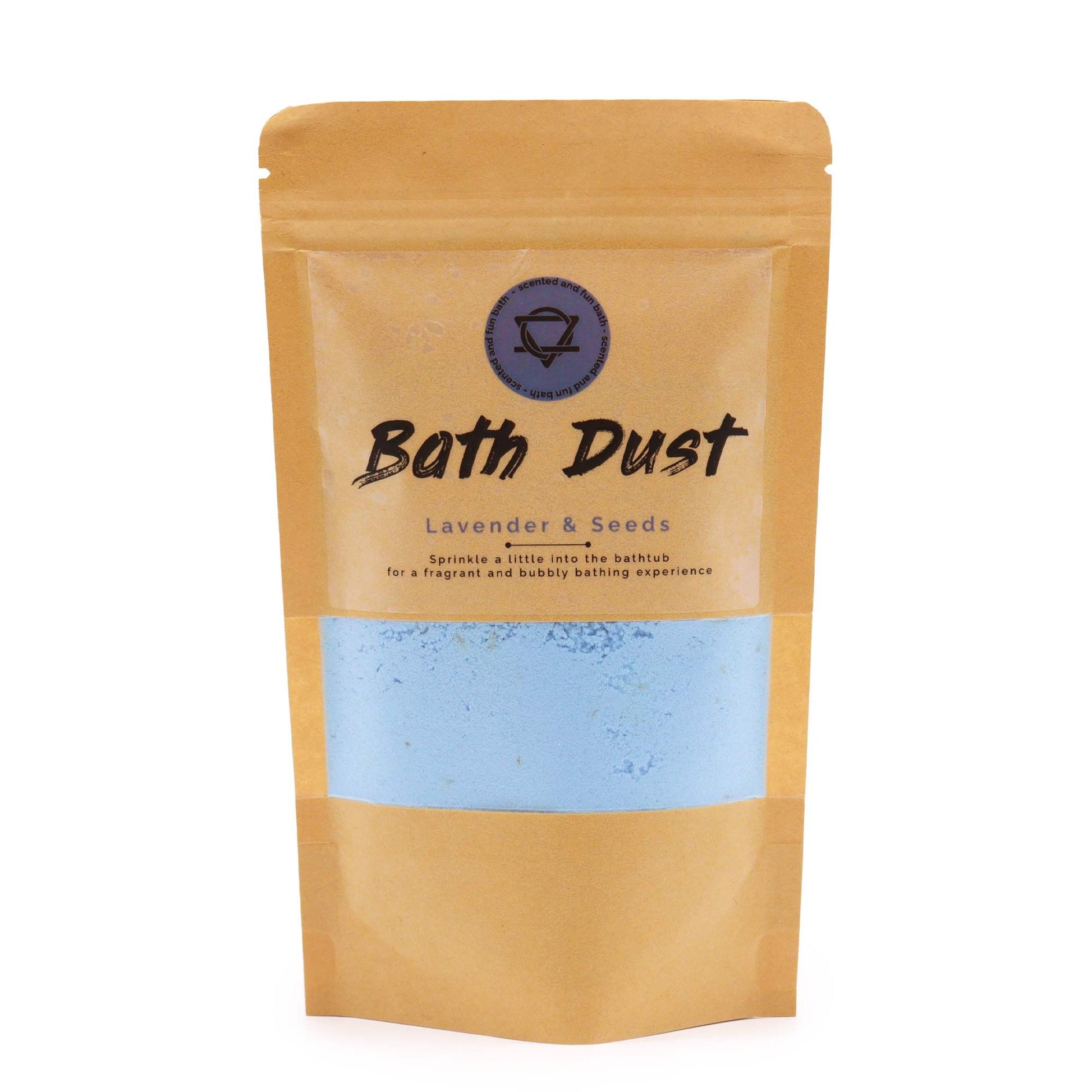 A 190g eco-friendly pouch filled with blue-grey fizzy bath dust and real botanical lavender seeds.