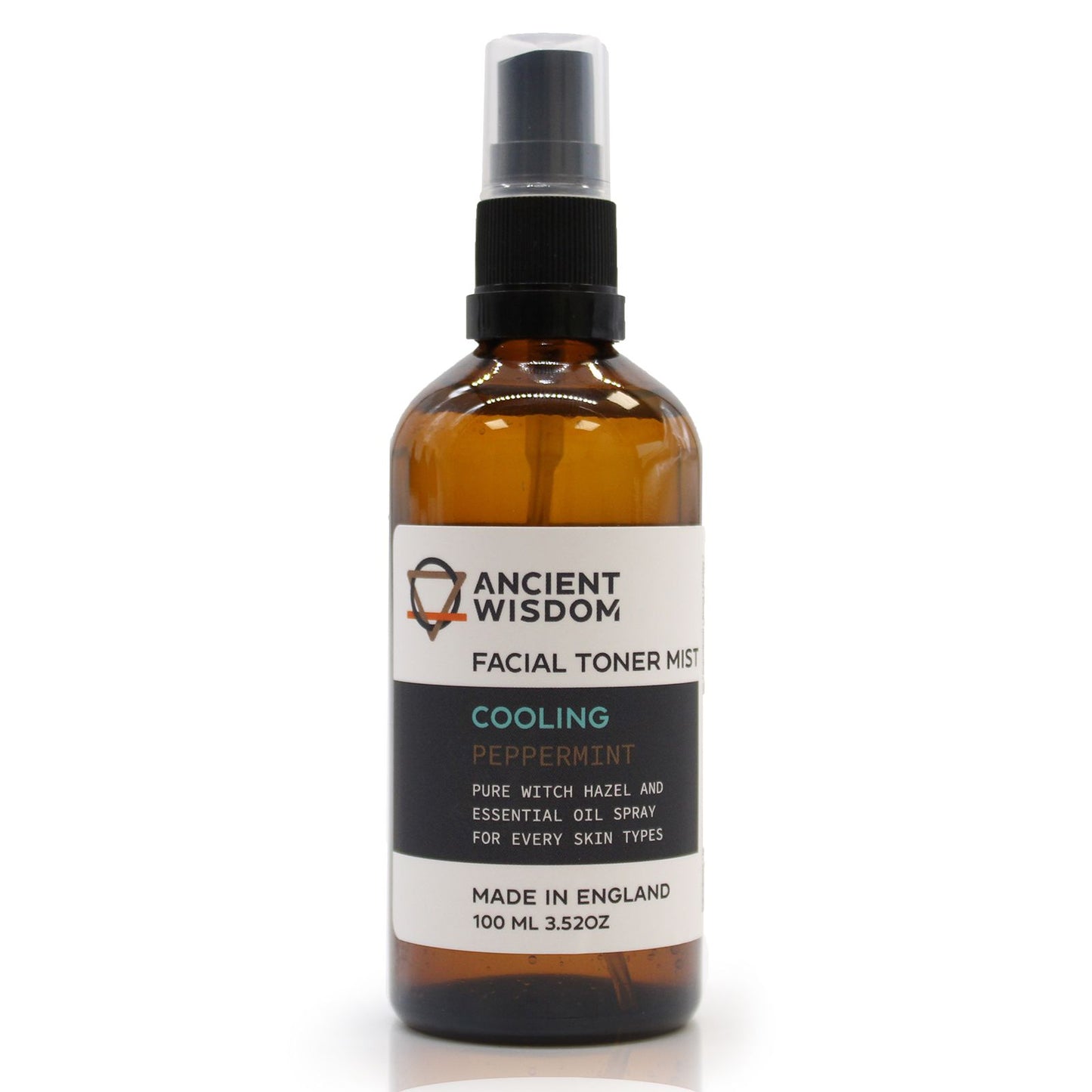 A 100ml amber glass spray bottle of Witch Hazel infused with Peppermint, featuring a professional apothecary-style label.