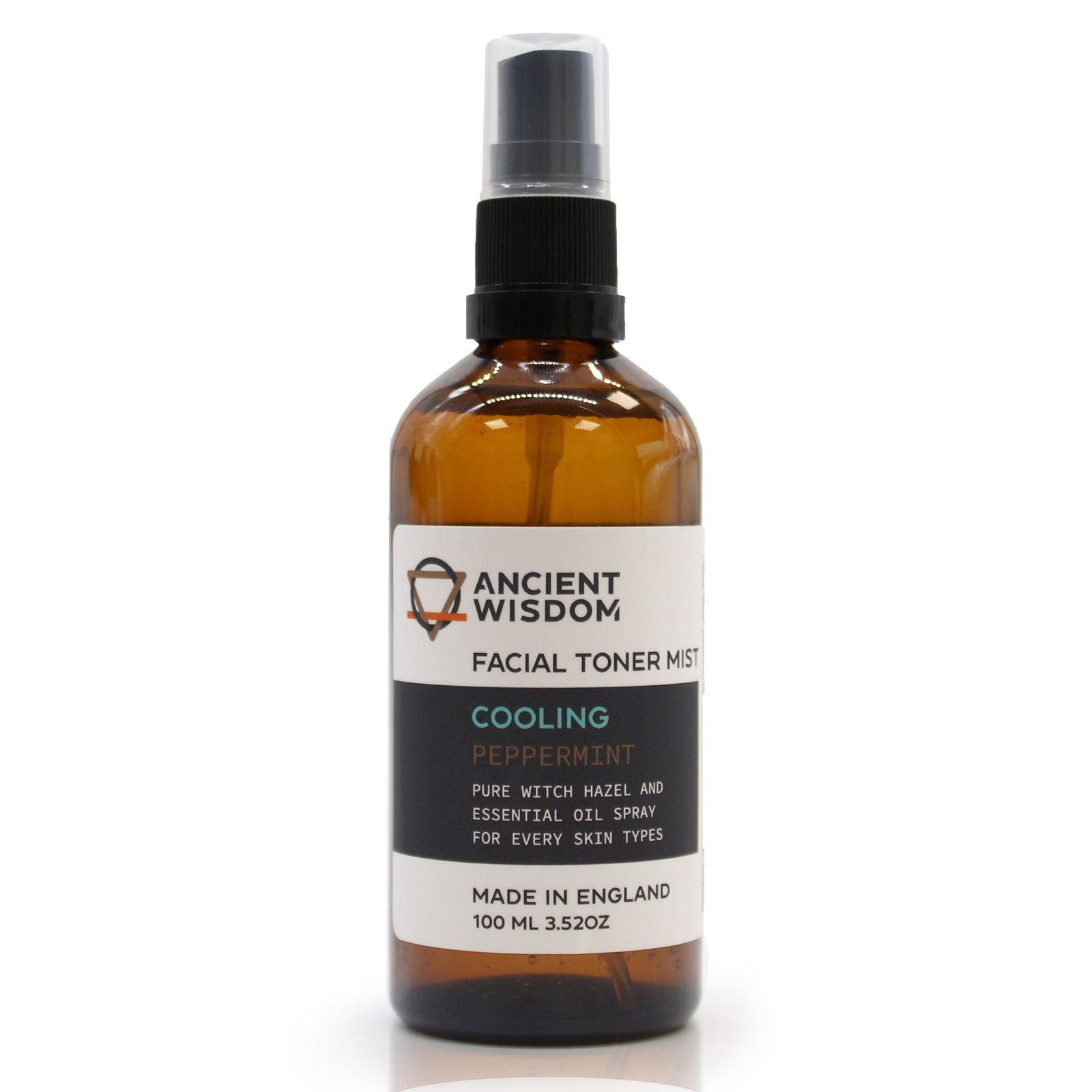 A 100ml amber glass spray bottle of Witch Hazel infused with Peppermint, featuring a professional apothecary-style label.