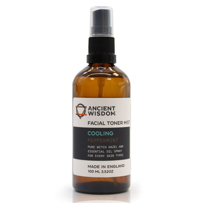 A 100ml amber glass spray bottle of Witch Hazel infused with Peppermint, featuring a professional apothecary-style label.
