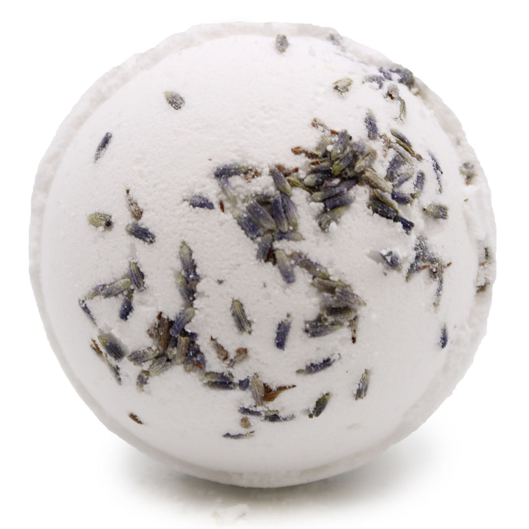 A large 180g round white bath bomb with grey marbled veins and topped with dried botanicals for a relaxing soak.