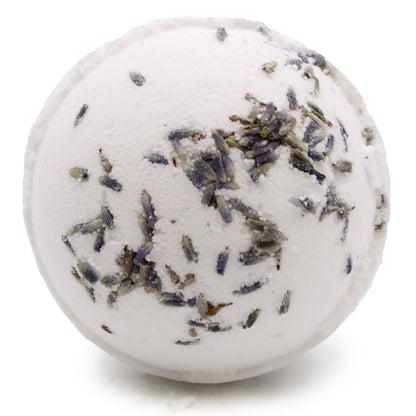 A large 180g round white bath bomb with grey marbled veins and topped with dried botanicals for a relaxing soak.