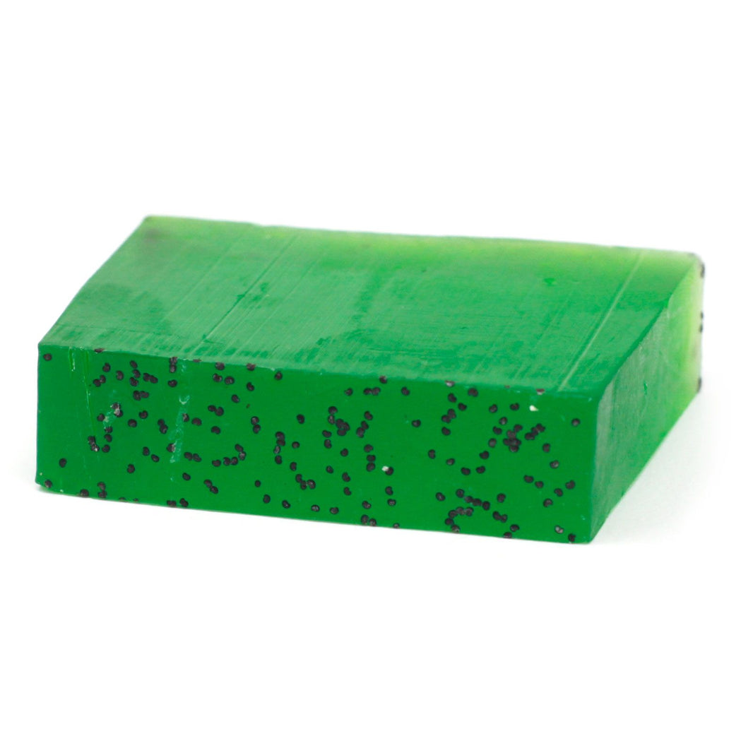 A 100g artisan green soap slice featuring refreshing tea tree and fresh mint essential oils for a clearing wash.
