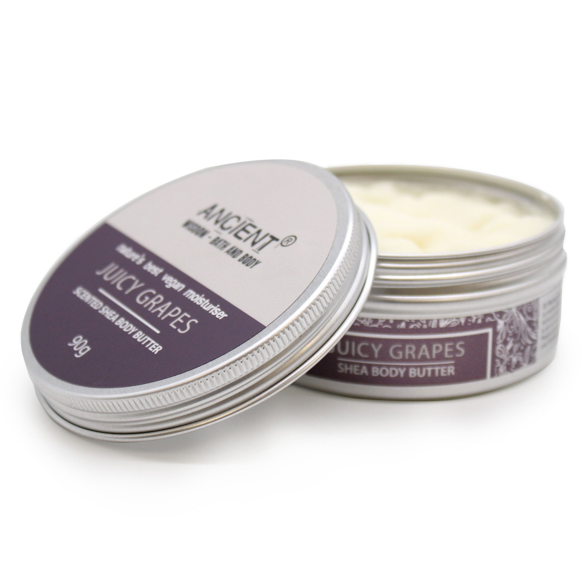 A 90g jar of deep purple-toned shea body butter with a fruity grape fragrance and artisan packaging.