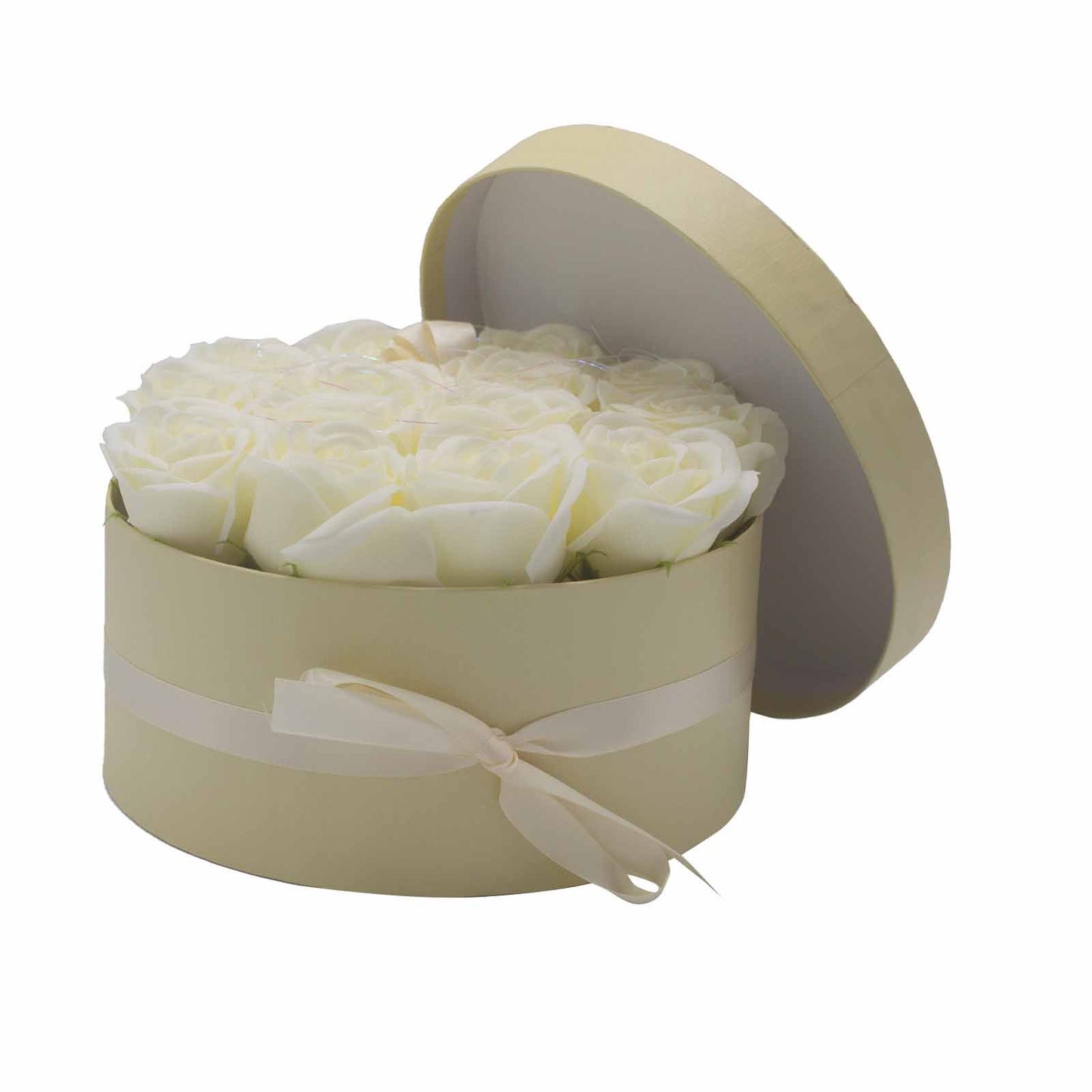 A large round white gift box packed with 14 realistic cream soap roses, perfect for neutral home decor or gifting.