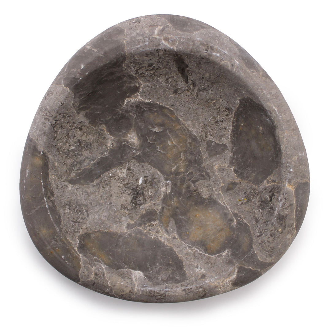 A polished grey marble dish with three distinct oval compartments, carved from a single piece of natural stone.