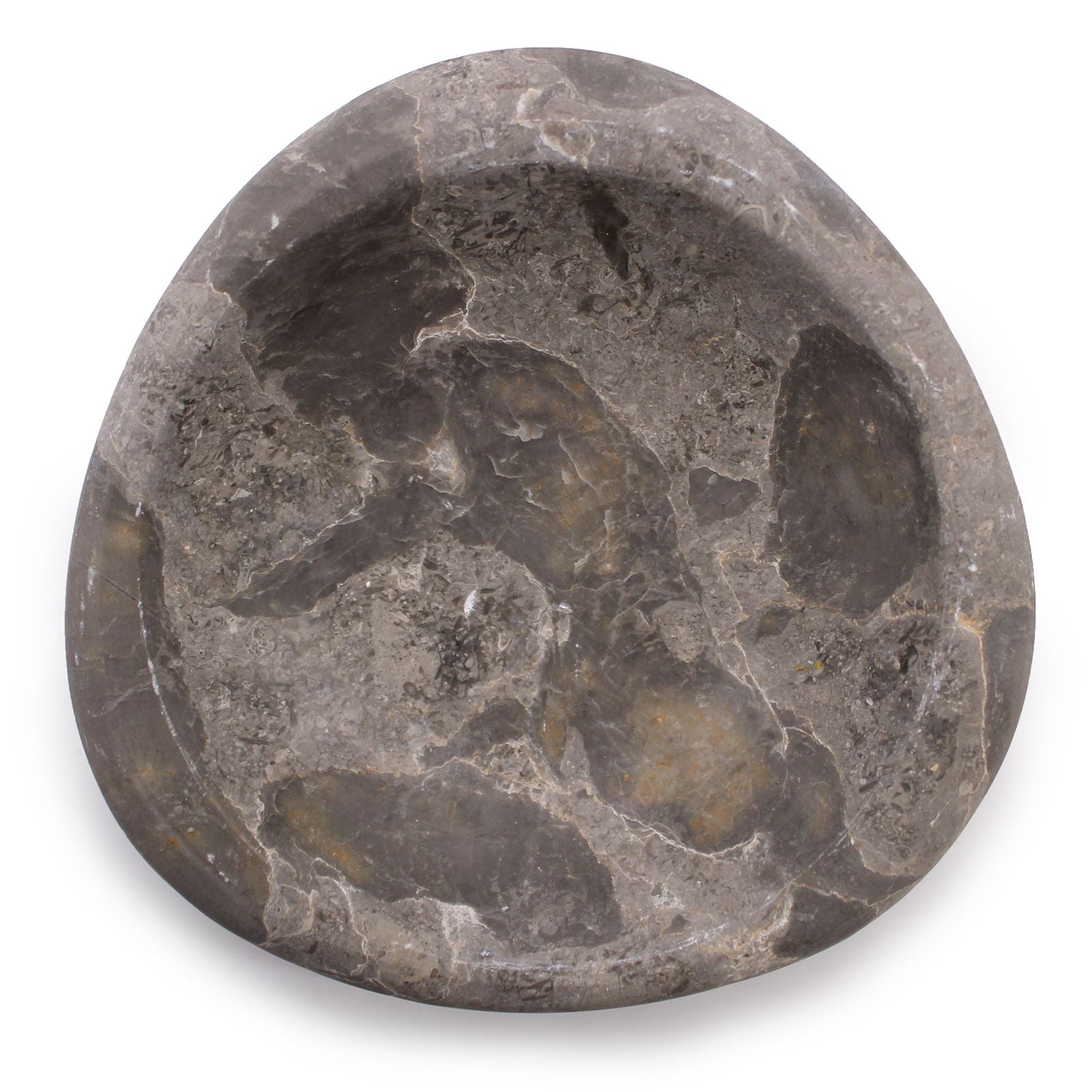 A polished grey marble dish with three distinct oval compartments, carved from a single piece of natural stone.