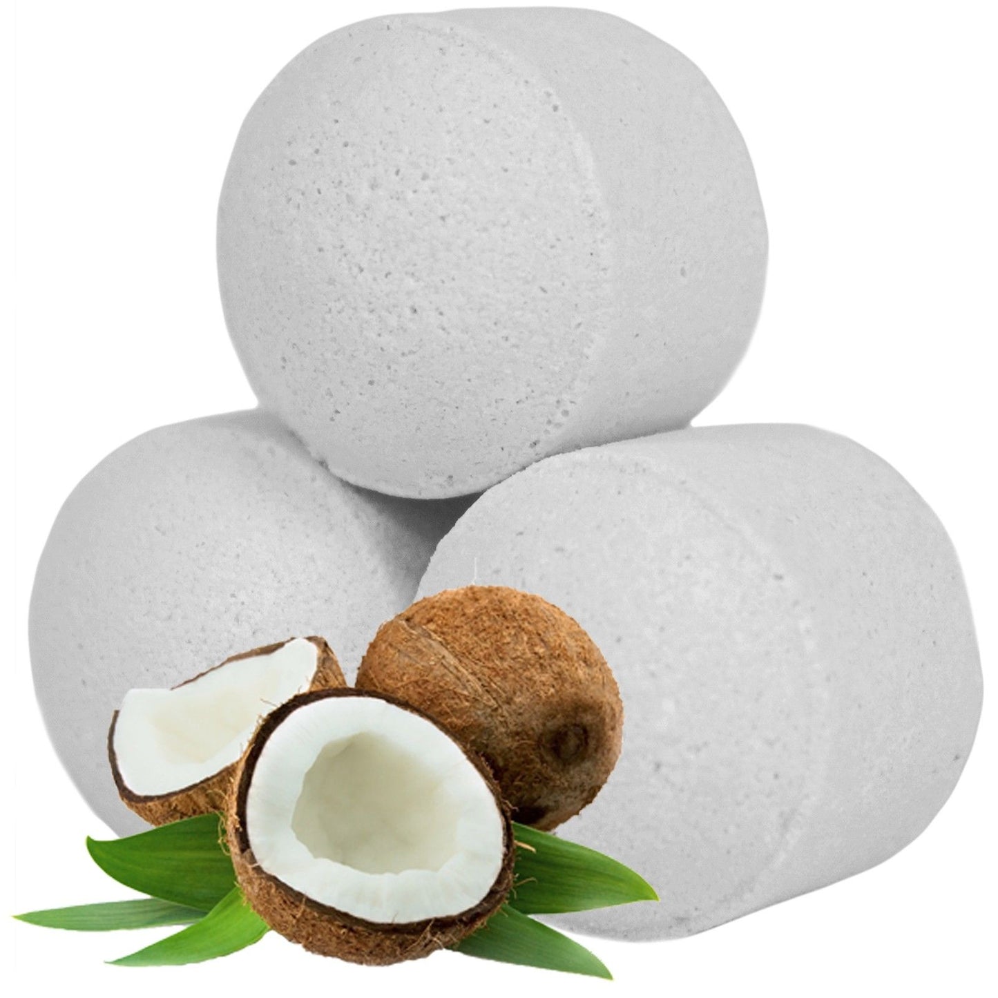 A large bulk display of white mini bath bombs accented with coconut shells and tropical elements for a summer-inspired look.