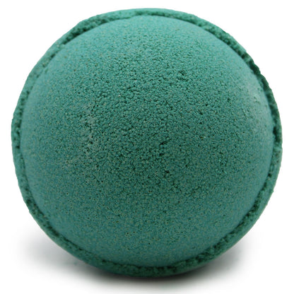 A large 180g deep green round bath bomb featuring a fresh, crisp pine forest fragrance.