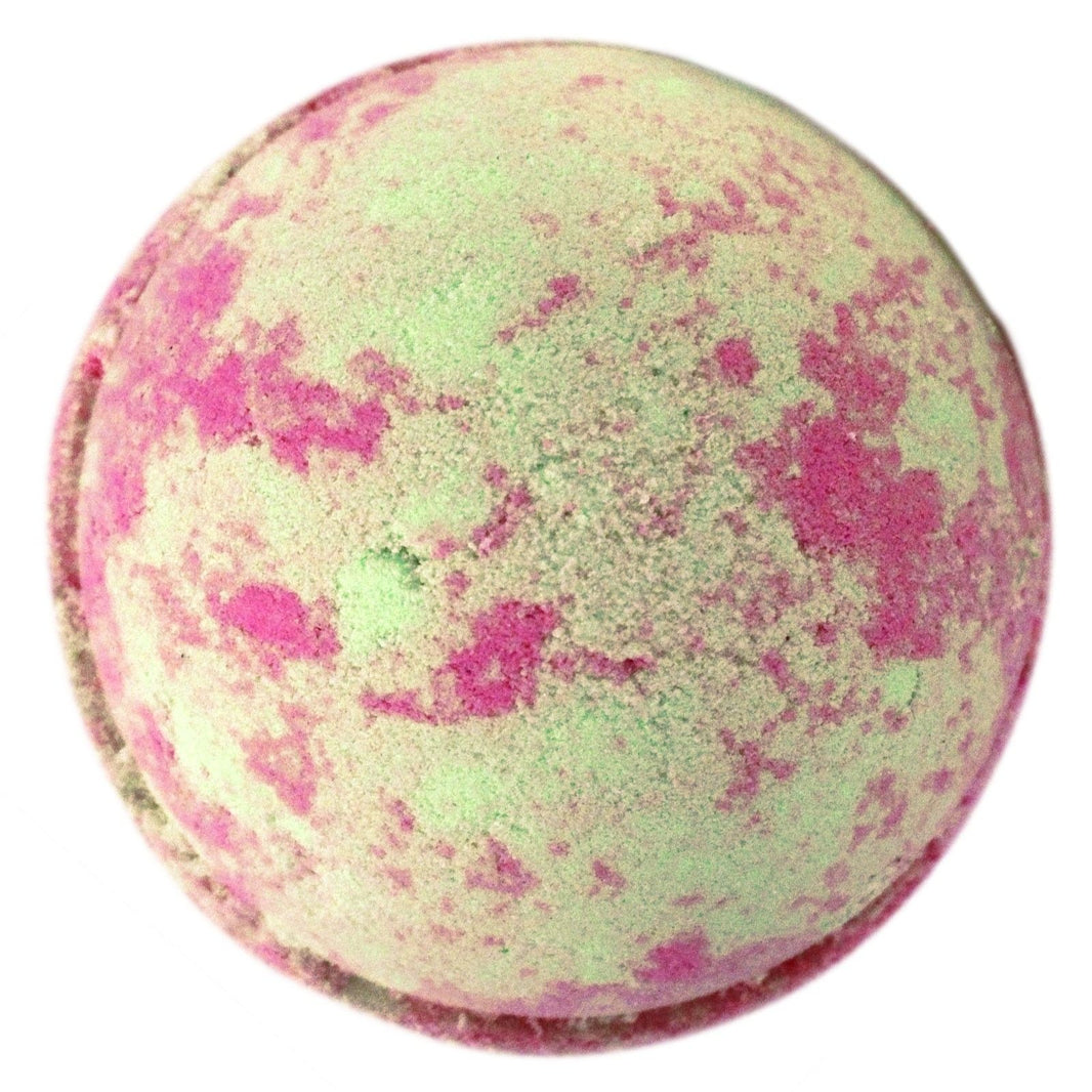 A large 180g round bath bomb with a vibrant pink and yellow psychedelic marbled pattern.