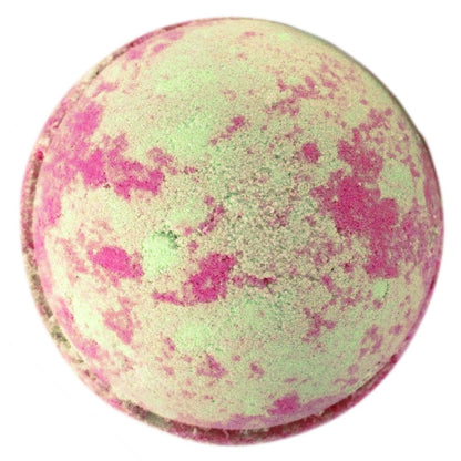 A large 180g round bath bomb with a vibrant pink and yellow psychedelic marbled pattern.
