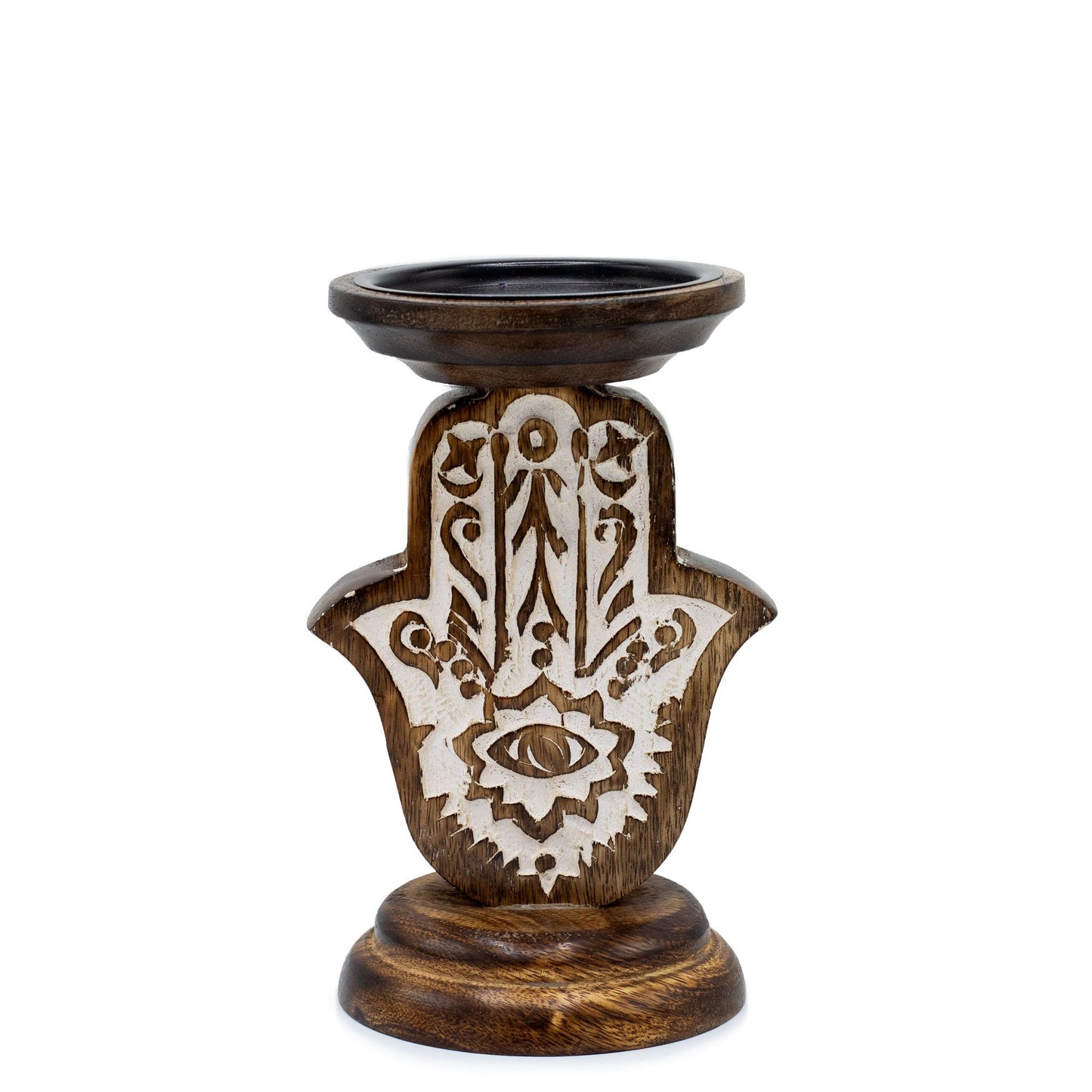 Hand-carved dark mango wood ritual candle tray in the shape of a Hamsa hand for spiritual home decor and altars.