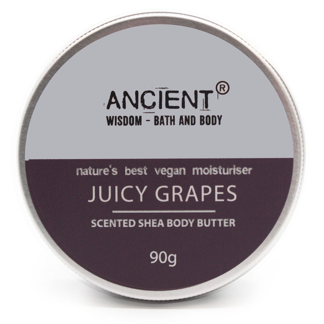 A 90g jar of deep purple-toned shea body butter with a fruity grape fragrance and artisan packaging.