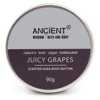 A 90g jar of deep purple-toned shea body butter with a fruity grape fragrance and artisan packaging.
