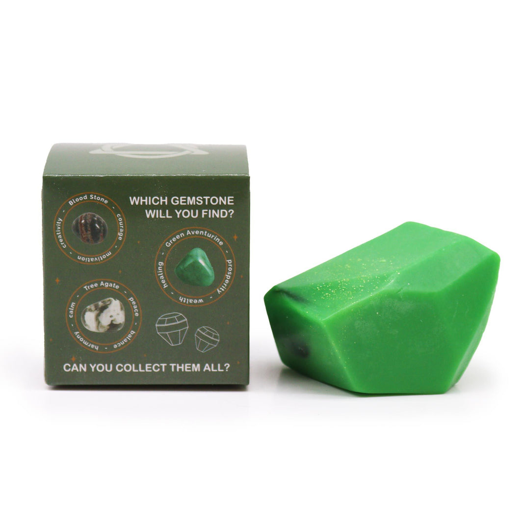 A 100g bar of green Earth elemental soap featuring a gemstone-like faceted design for spiritual bathing.