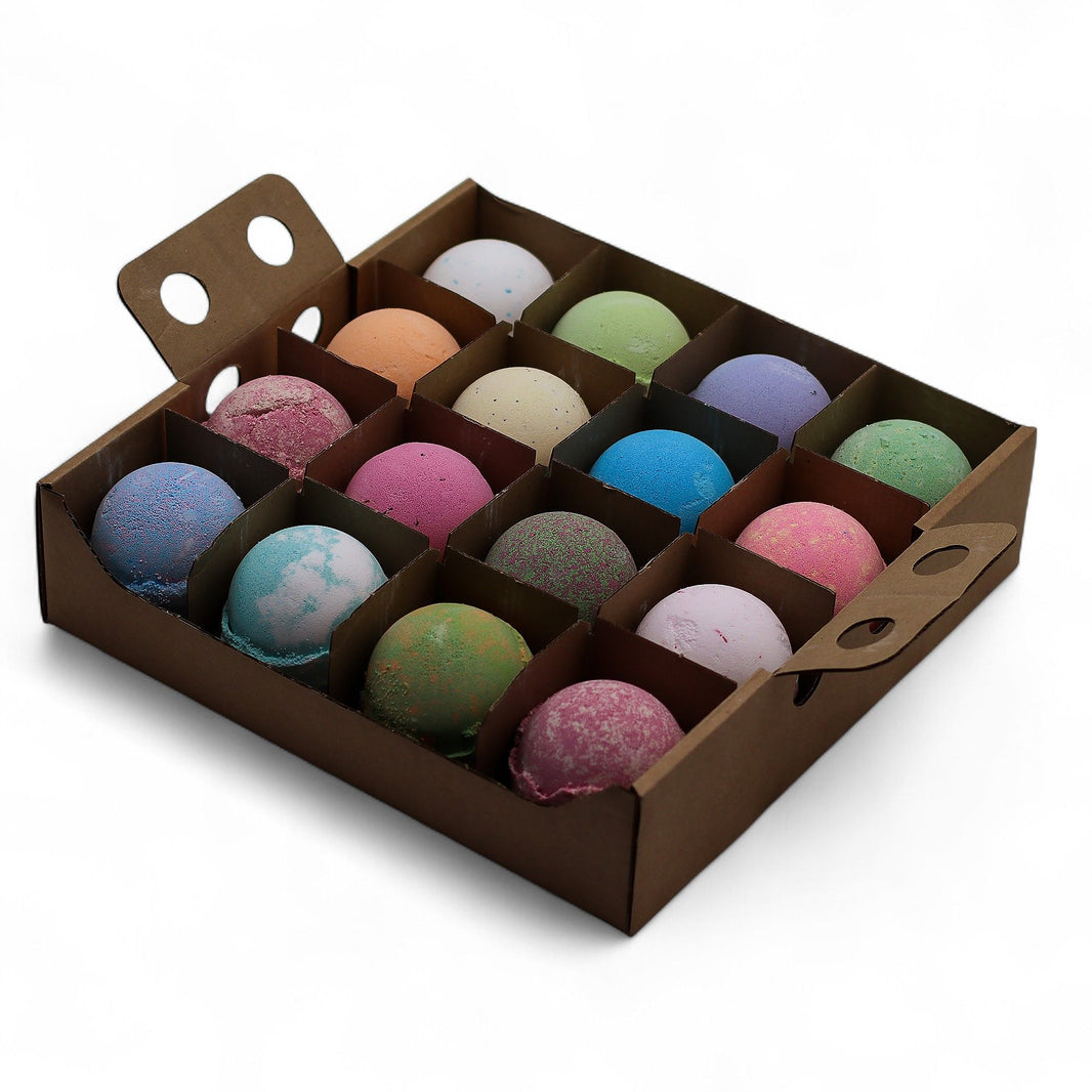 A cardboard display box containing 16 individually wrapped 180g jumbo bath bombs in a colorful assorted mix.