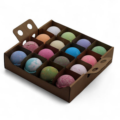 A cardboard display box containing 16 individually wrapped 180g jumbo bath bombs in a colorful assorted mix.