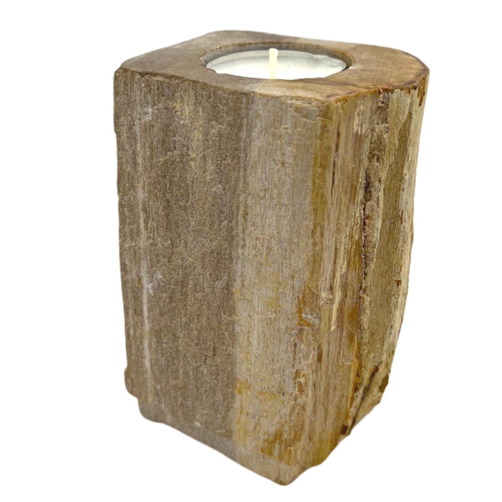 A tall, polished single candle holder made from natural petrified wood stone, showing unique ancient wood grain and earth tones.