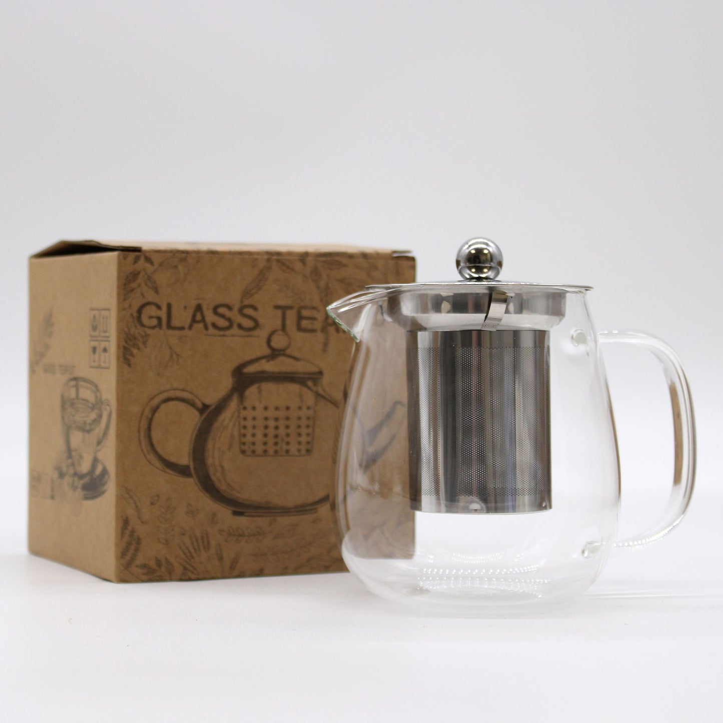 A modern, rounded borosilicate glass teapot with a removable metal infuser and a minimalist black accent lid.
