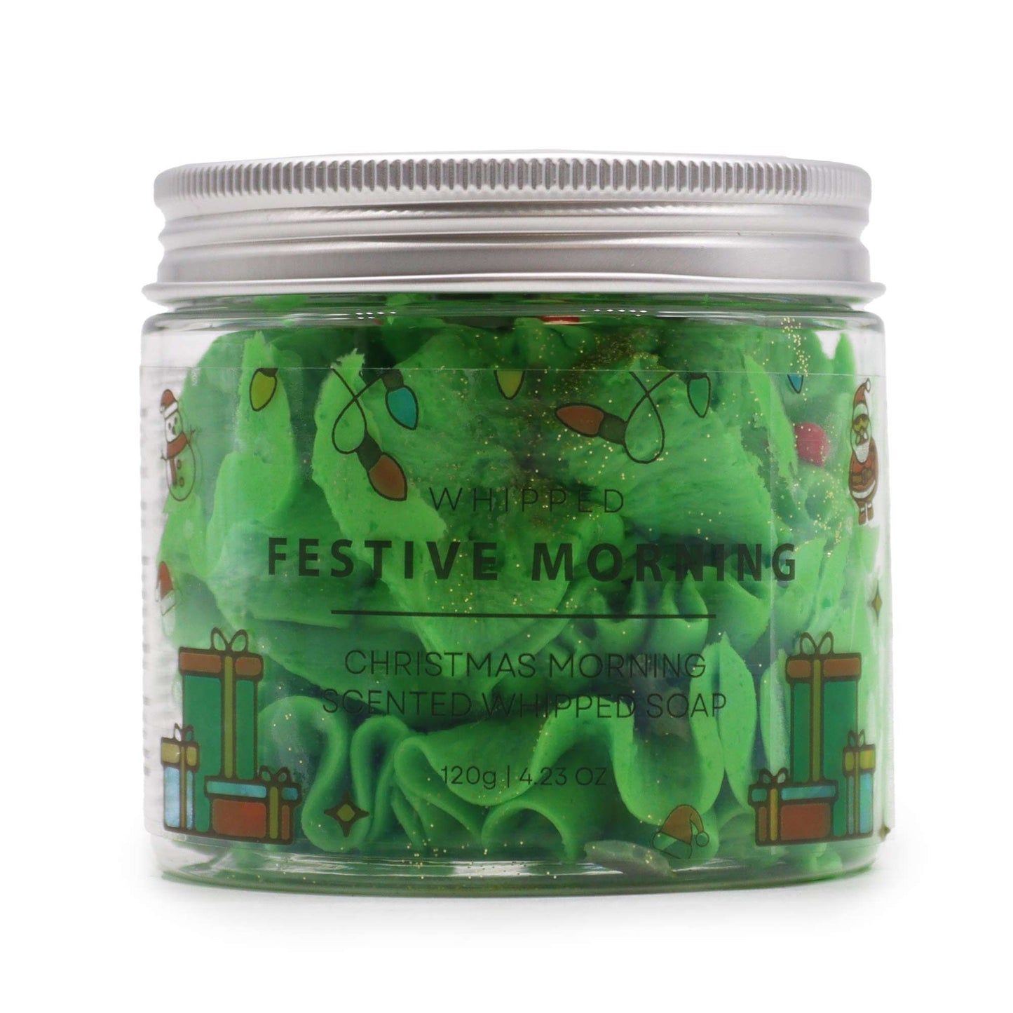 A clear jar filled with vibrant green whipped cream soap featuring a thick, decadent, and pipeable texture.