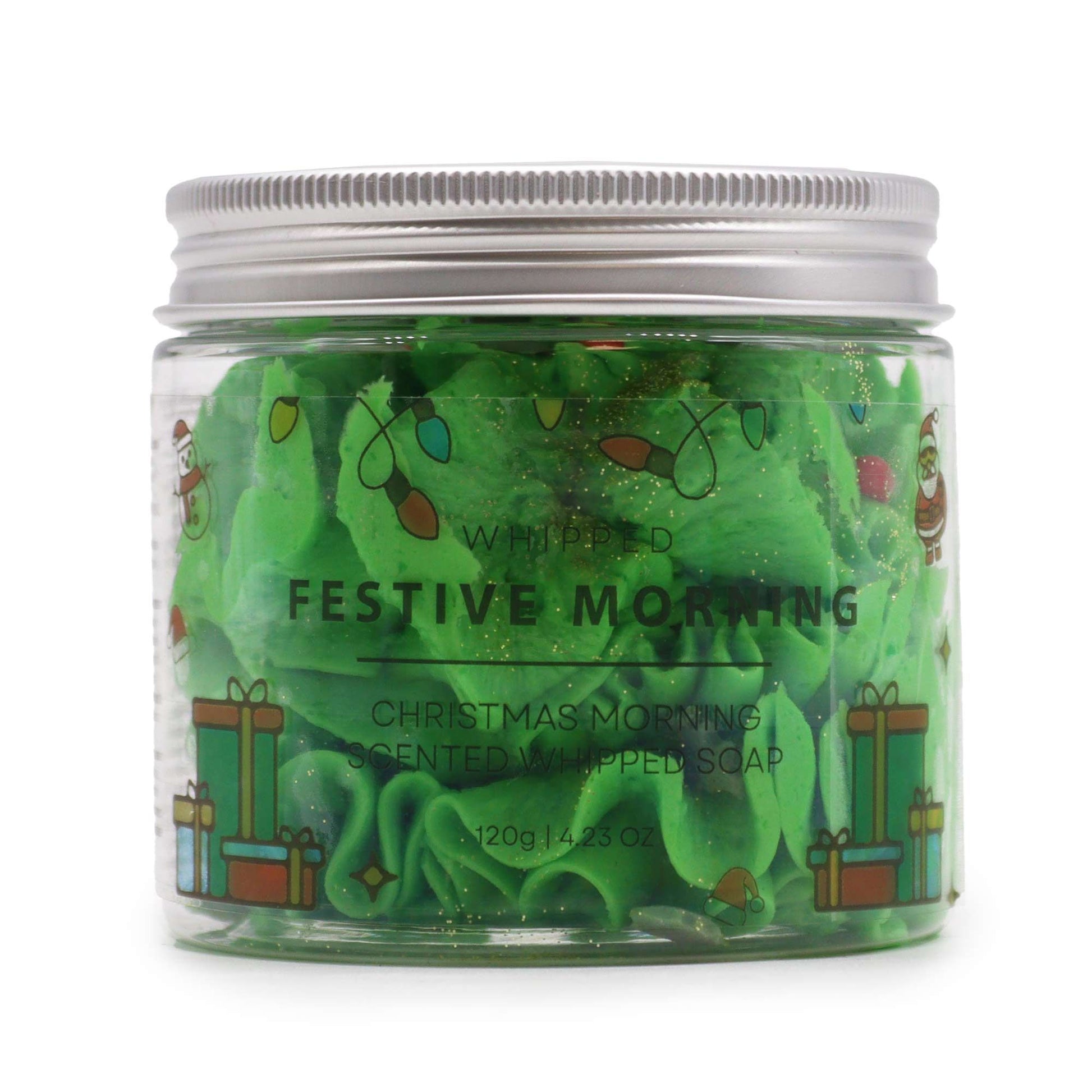 A clear jar filled with vibrant green whipped cream soap featuring a thick, decadent, and pipeable texture.