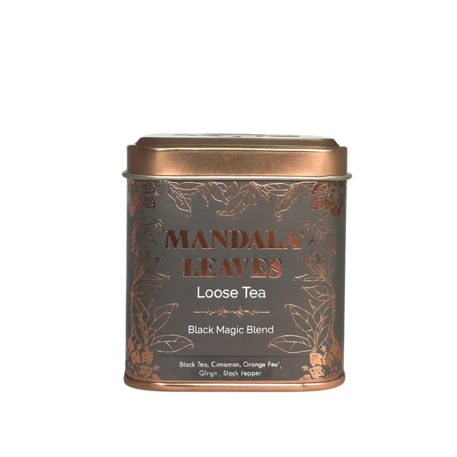 A small rectangular bronze-toned tea tin containing a bold and mystical loose leaf black tea blend.