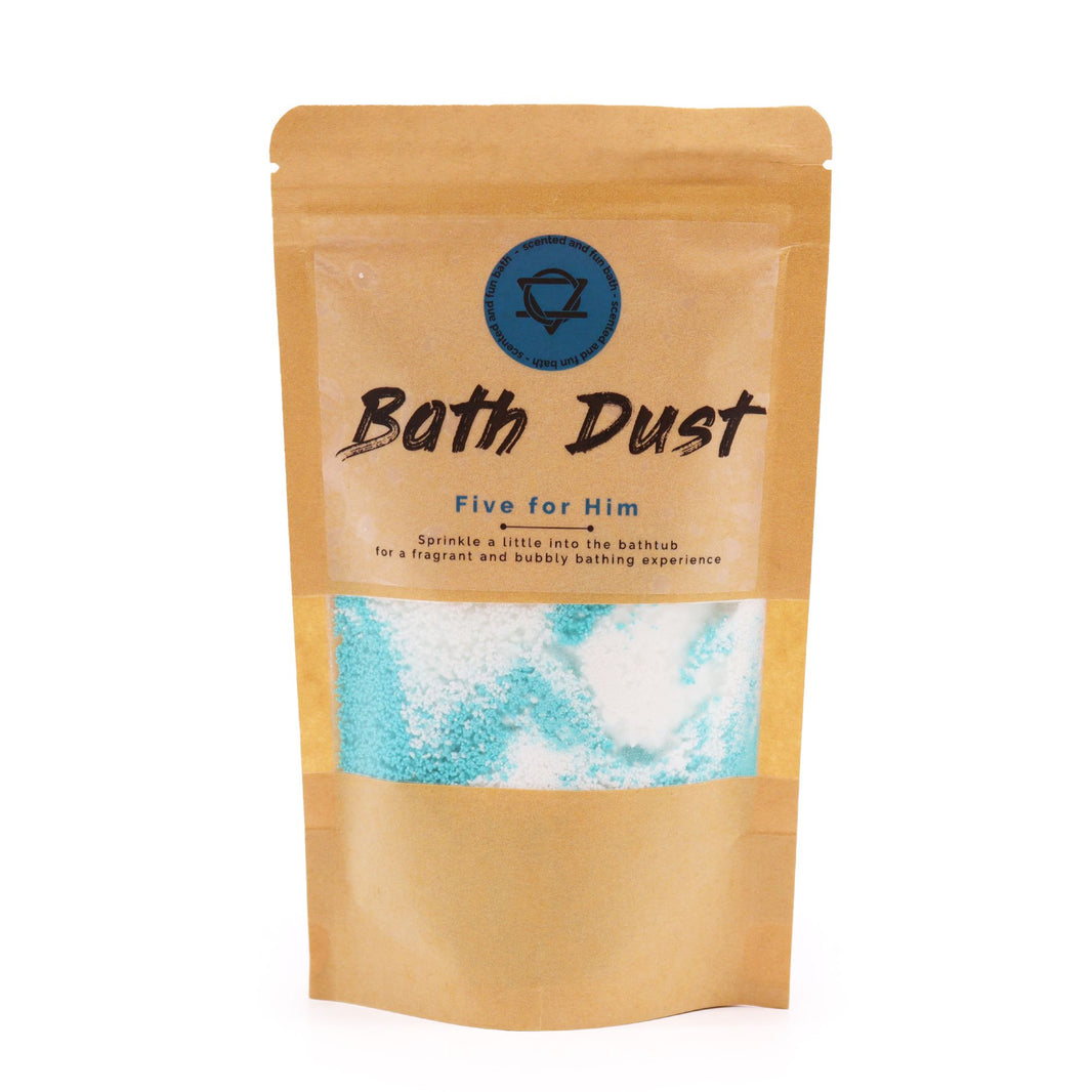 A stand-up kraft paper pouch containing aromatic blue-tinted bath fizzing dust for an invigorating masculine soak.