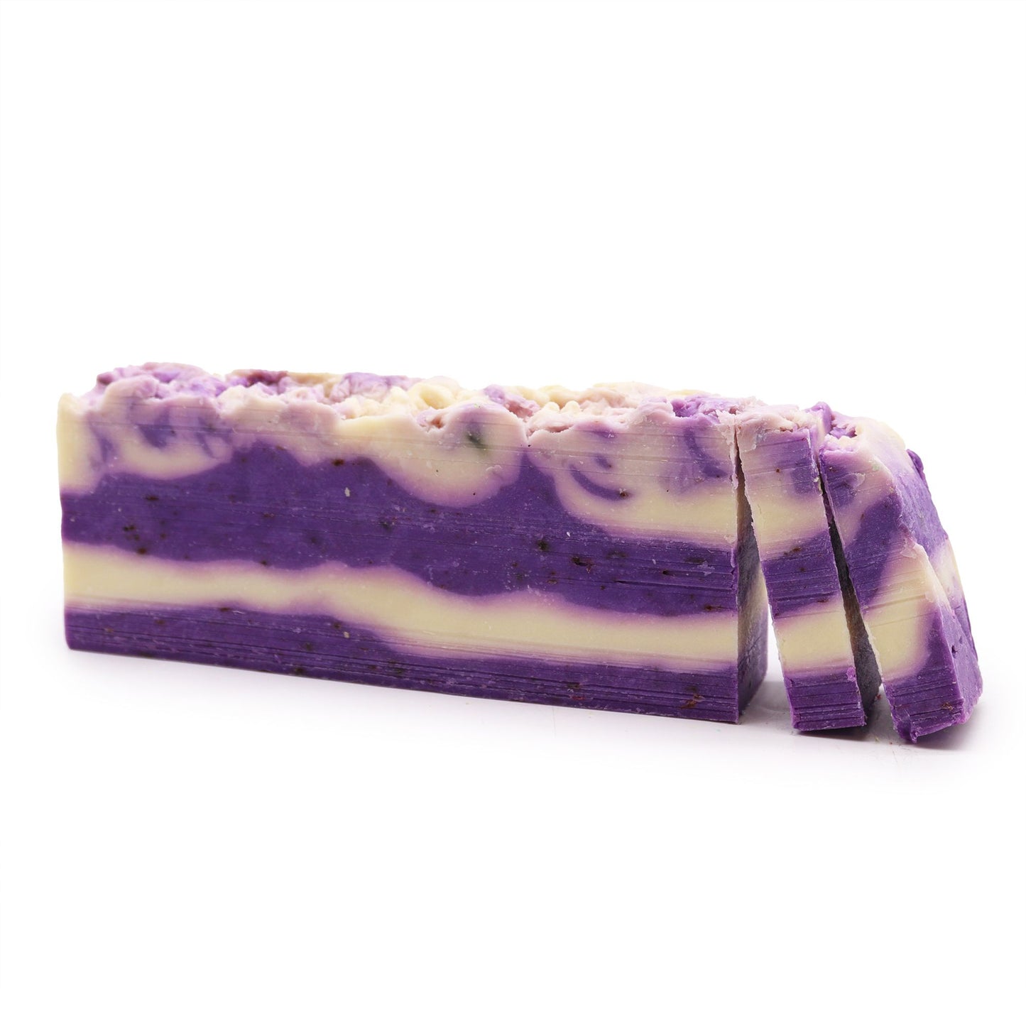 A 1.25kg bulk soap loaf with purple and white swirls, scented with calming lavender essential oil and made with olive oil.