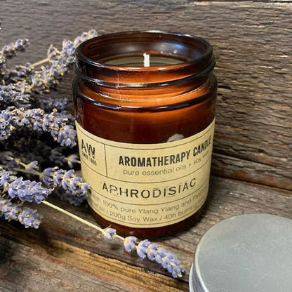 200g hand-poured soy candle in an amber jar, scented with an aphrodisiac essential oil blend for romance.