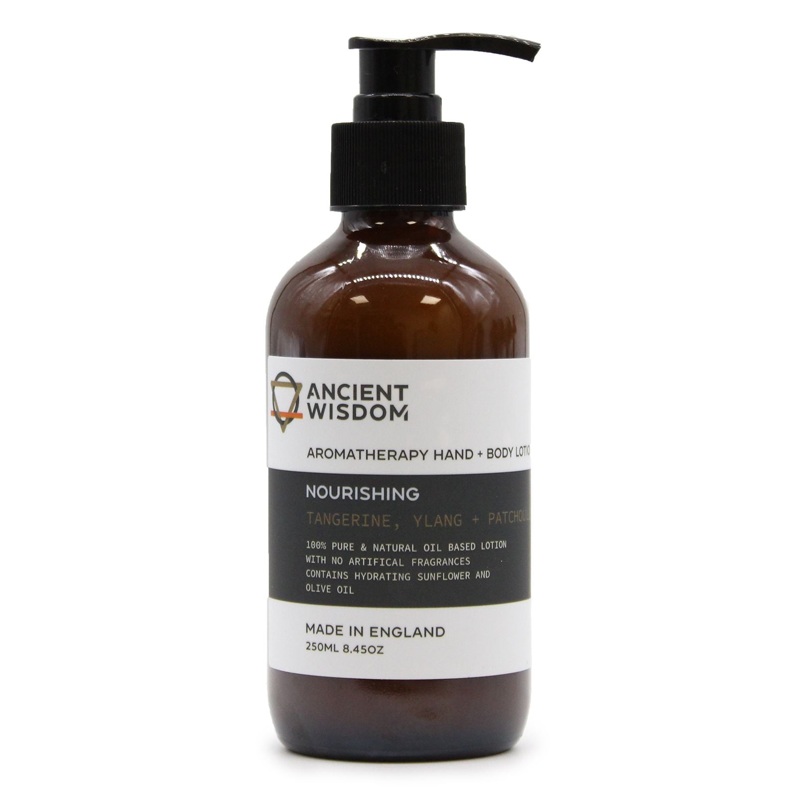 A 250ml amber pump bottle of hand and body lotion featuring a luxury apothecary label and essential oil blend.