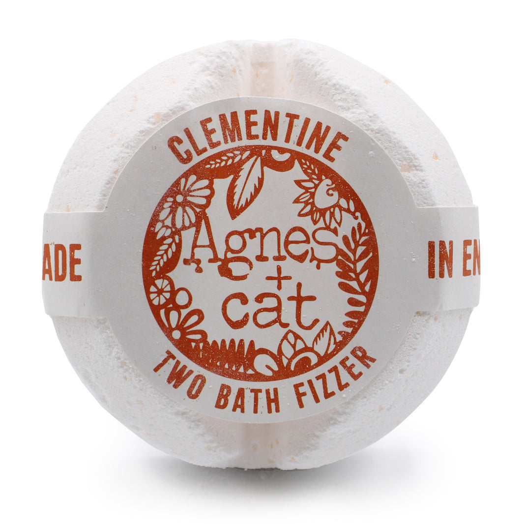 A large 200g white bath fizzer wrapped in clear plastic with a classic orange and white Clementine label.