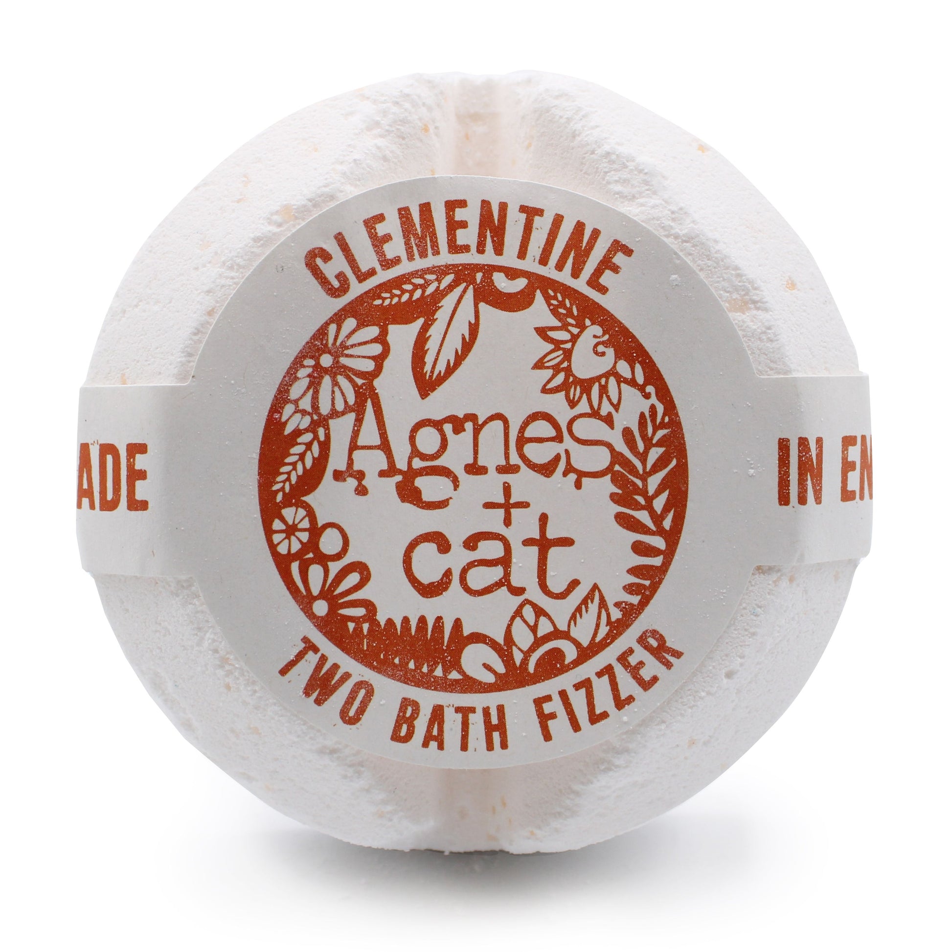 A large 200g white bath fizzer wrapped in clear plastic with a classic orange and white Clementine label.