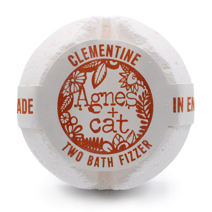 A large 200g white bath fizzer wrapped in clear plastic with a classic orange and white Clementine label.