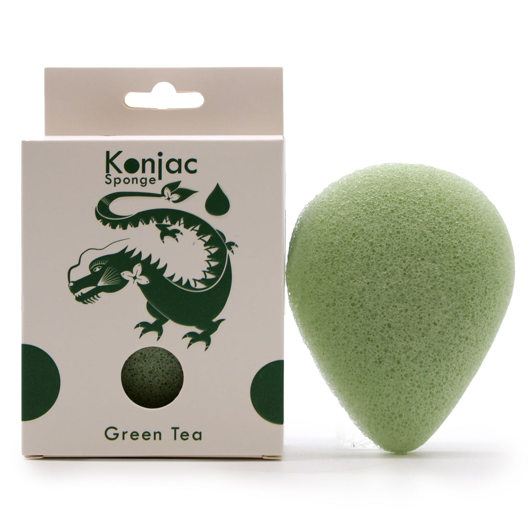 A light green, teardrop-shaped natural Konjac facial sponge infused with protective green tea extracts.
