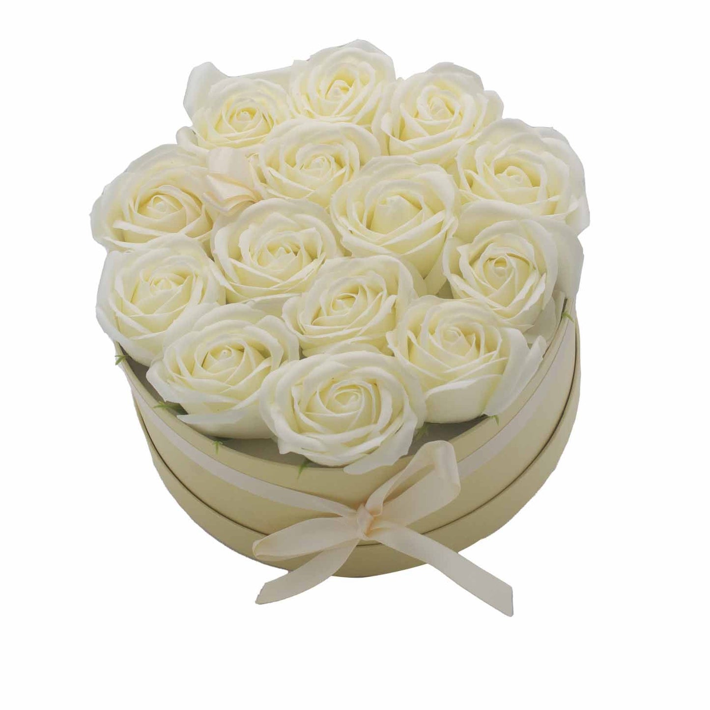 A large round white gift box packed with 14 realistic cream soap roses, perfect for neutral home decor or gifting.