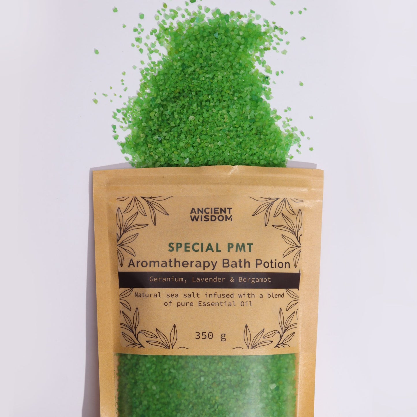 A rustic kraft paper bag containing green-tinted aromatherapy bath salts designed for hormone balance and relaxation.