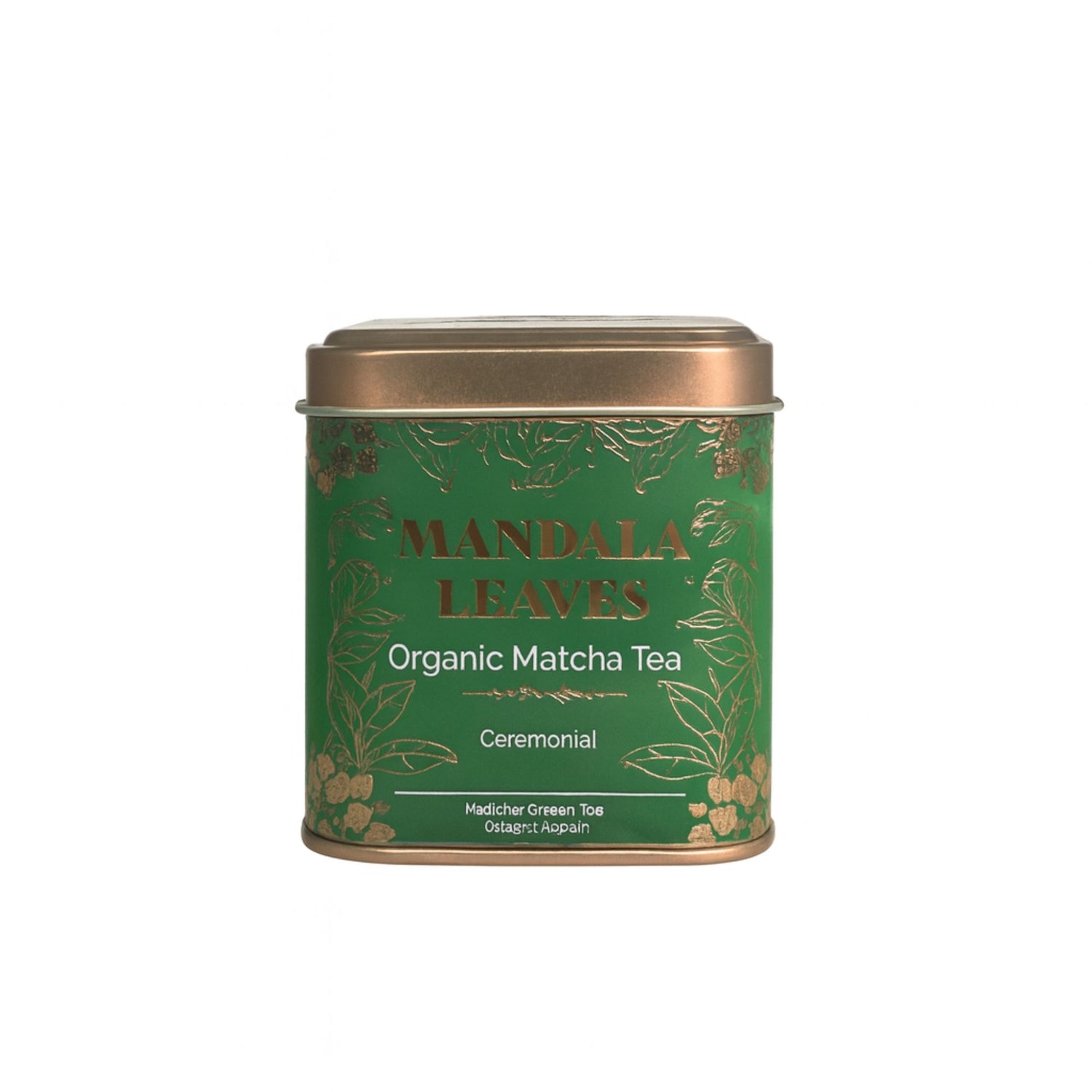 A 50g metal tin of organic ceremonial grade Matcha green tea powder for wellness and energy rituals.