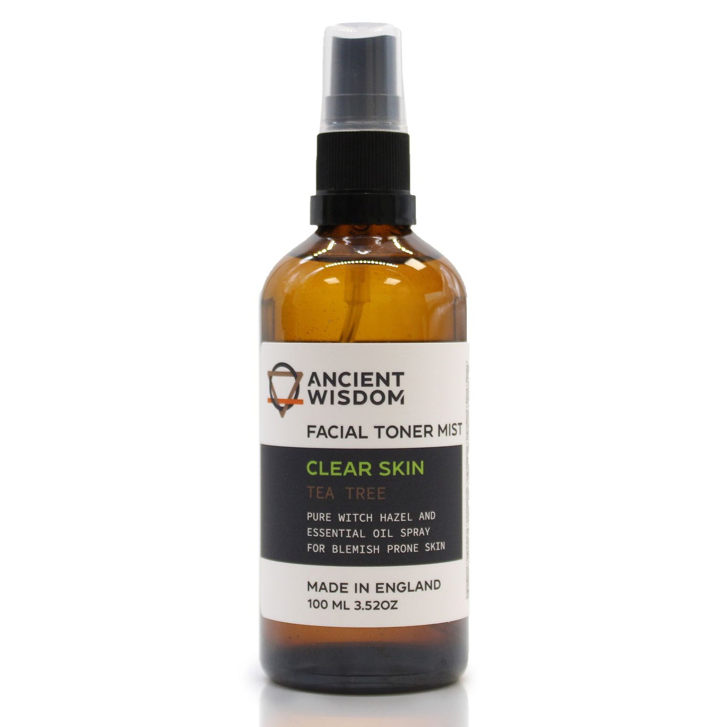 A 100ml amber spray bottle of Witch Hazel and Tea Tree toner with a white and gold apothecary-style label.