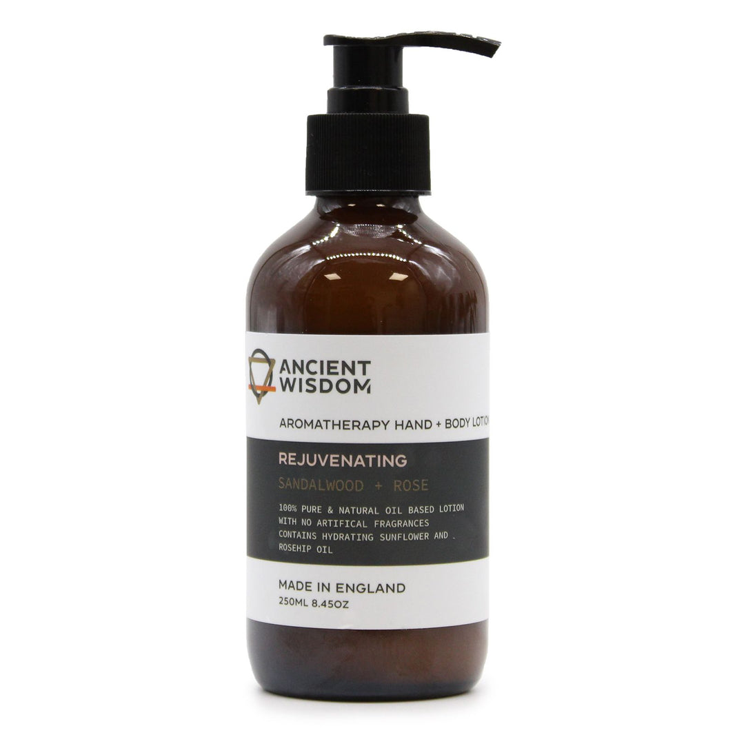 A 250ml amber pump bottle of Sandalwood and Rose body lotion with a professional white and gold apothecary-style label.